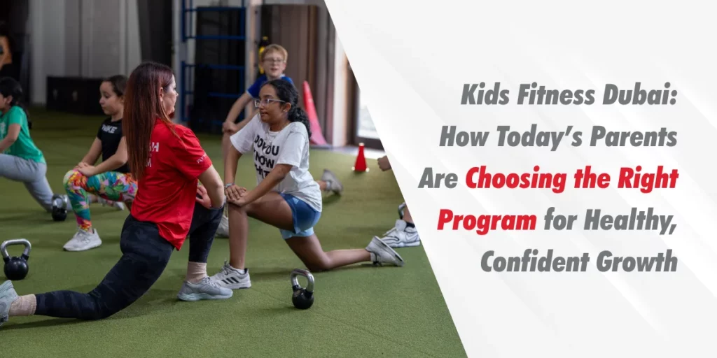 A trainer leading a group of children in lunges and kettlebell exercises at a Kids Fitness Dubai program.