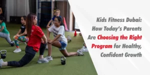 A trainer leading a group of children in lunges and kettlebell exercises at a Kids Fitness Dubai program.