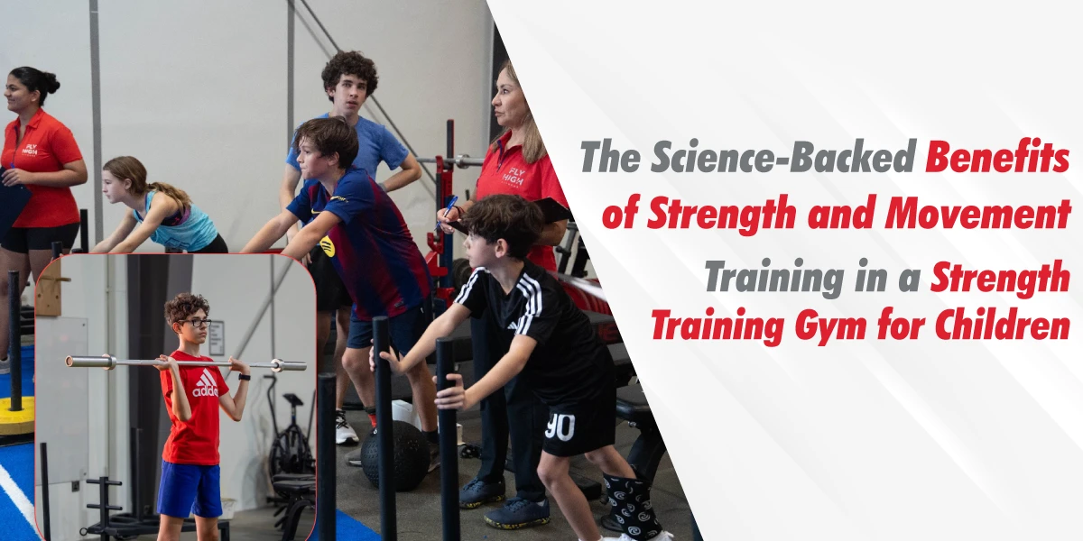 Children and teens practicing sled pushes and barbell drills during strength and movement training in a strength training gym for children.