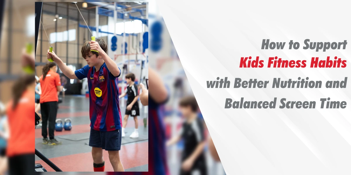 A young boy in a sports jersey practicing strength training at a gym to develop healthy kids fitness habits.