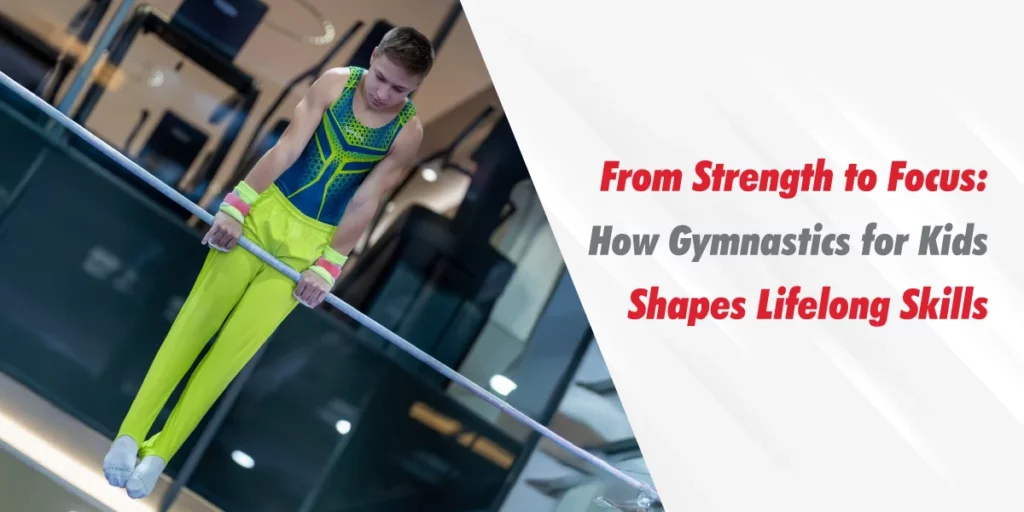 A young gymnast performing on the horizontal bar, demonstrating how gymnastics for kids shapes lifelong skills like discipline and physical strength.