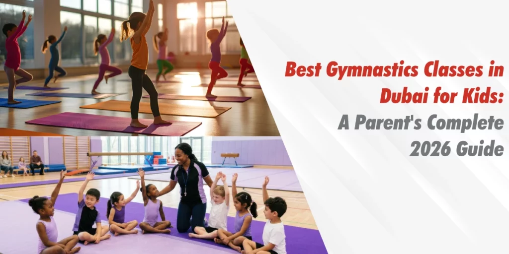 Gymnastics classes in Dubai for kids with a professional coach leading a fun and engaging training session in a modern indoor gymnastics facility.