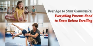 Young children participating in a gymnastics class with a coach, illustrating the best age to start gymnastics and helping parents choose the right time to enrol their child.