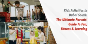 Children enjoying fun and engaging kids activities in Dubai South, including indoor fitness, gymnastics, obstacle courses, and learning programmes.