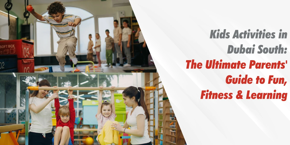 Children enjoying fun and engaging kids activities in Dubai South, including indoor fitness, gymnastics, obstacle courses, and learning programmes.